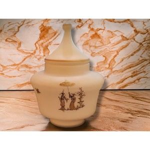 White Frosted Art Glass, Lidded Compote, Asian Pictorial And Floral, Ginger Jar